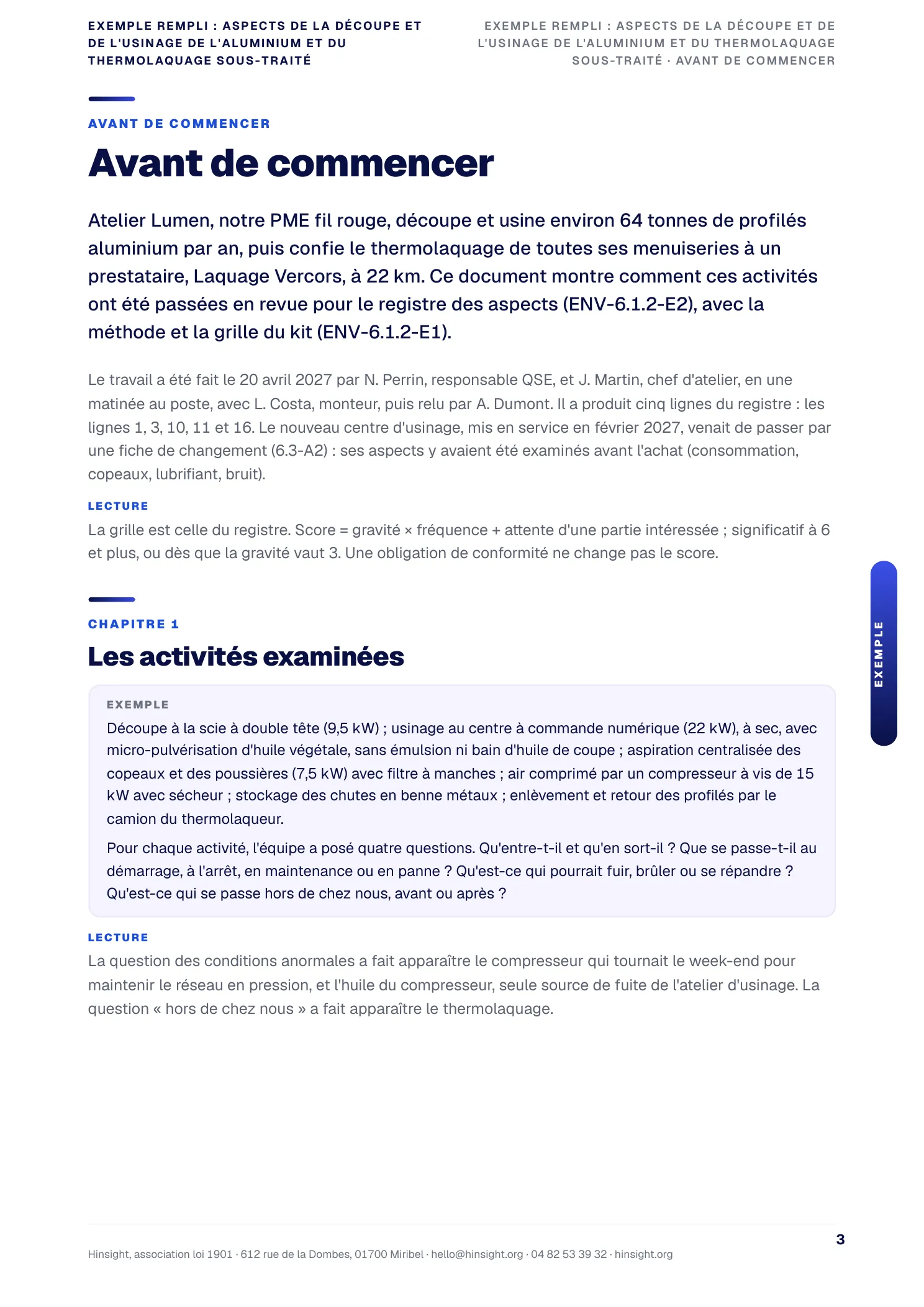 Exemple rempli : les aspects de la découpe et de l'usinage de l'aluminium