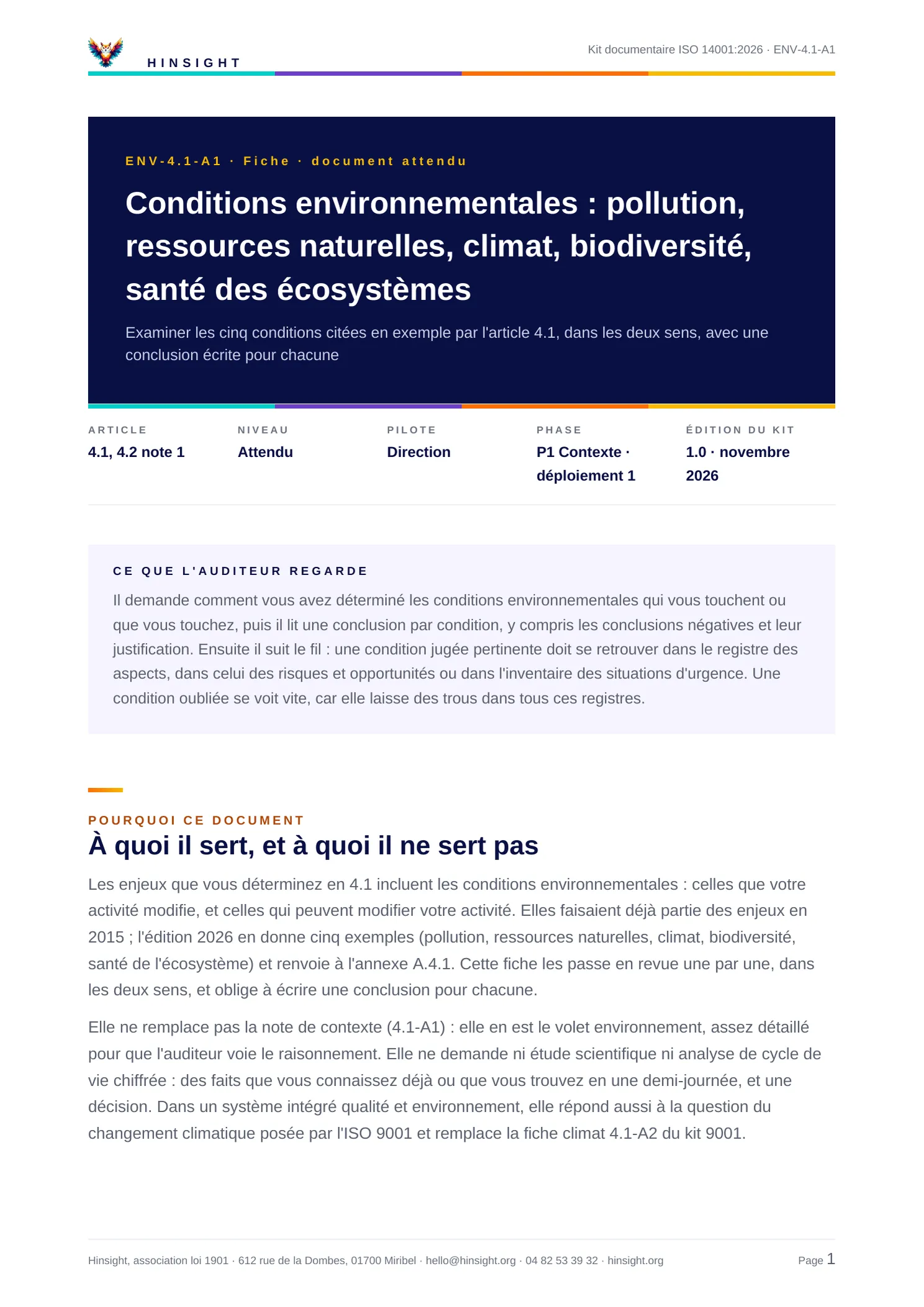 Une fiche Word : les cinq conditions environnementales du contexte