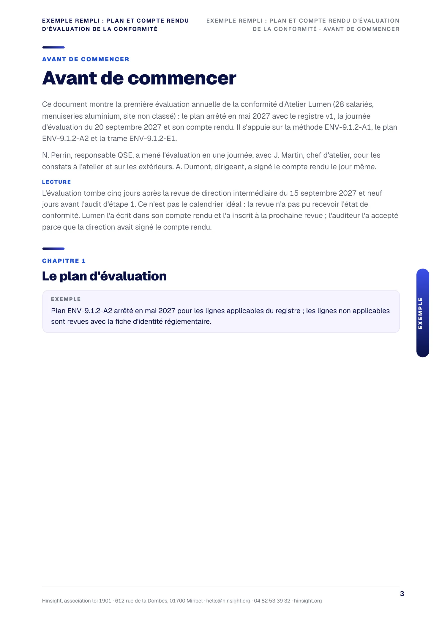 Exemple rempli : le plan et le compte rendu d'évaluation de la conformité