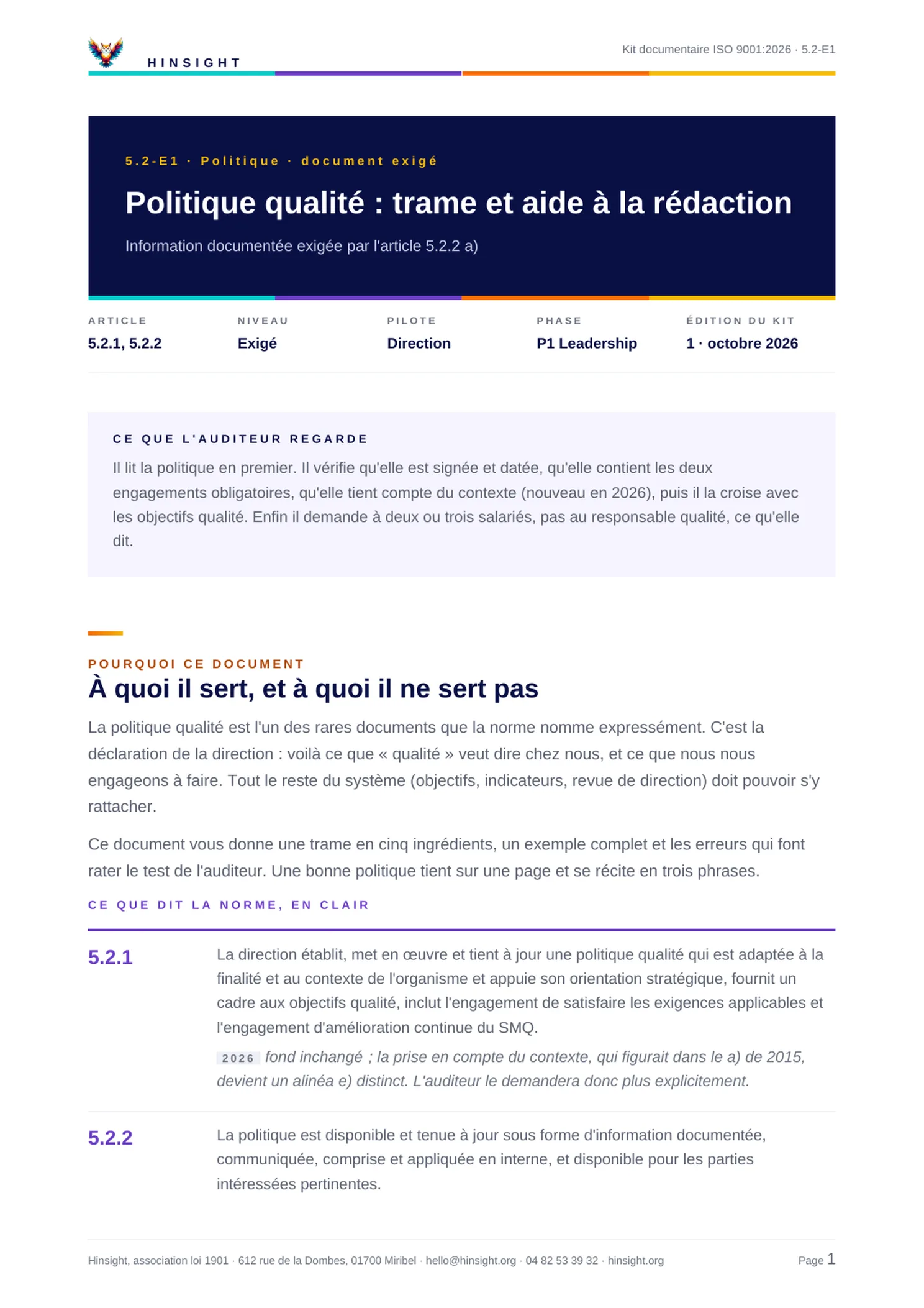 Trame Word de la politique qualité, avec l'encadré « ce que l'auditeur regarde »