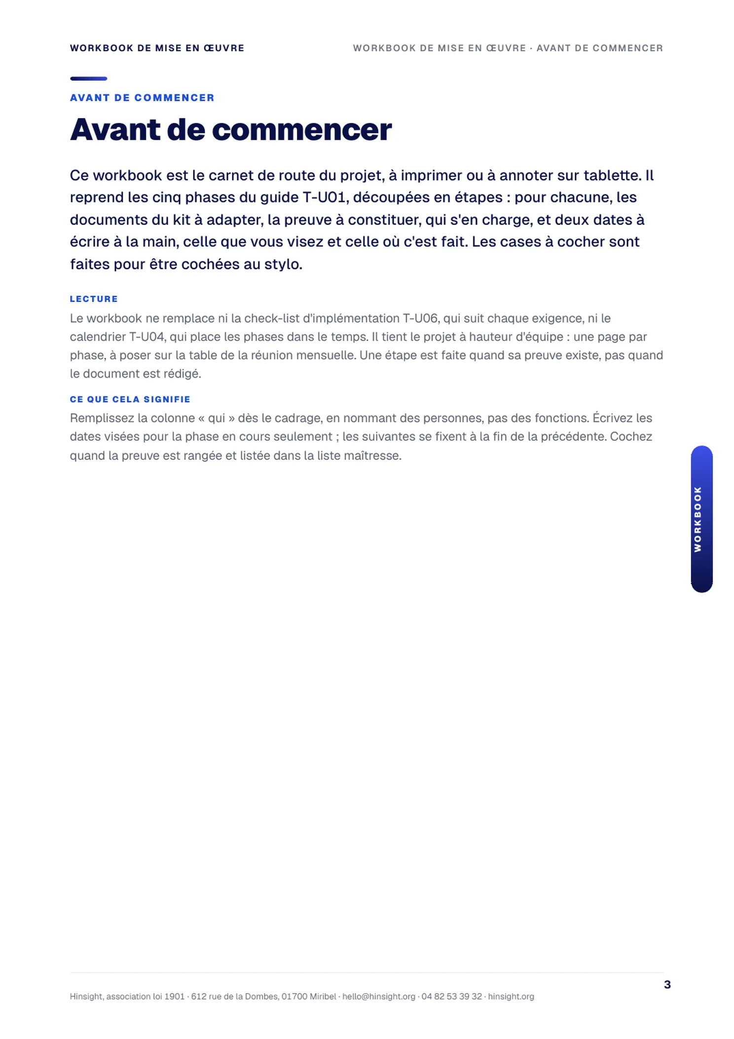 Le workbook : une phase par page, à cocher et dater