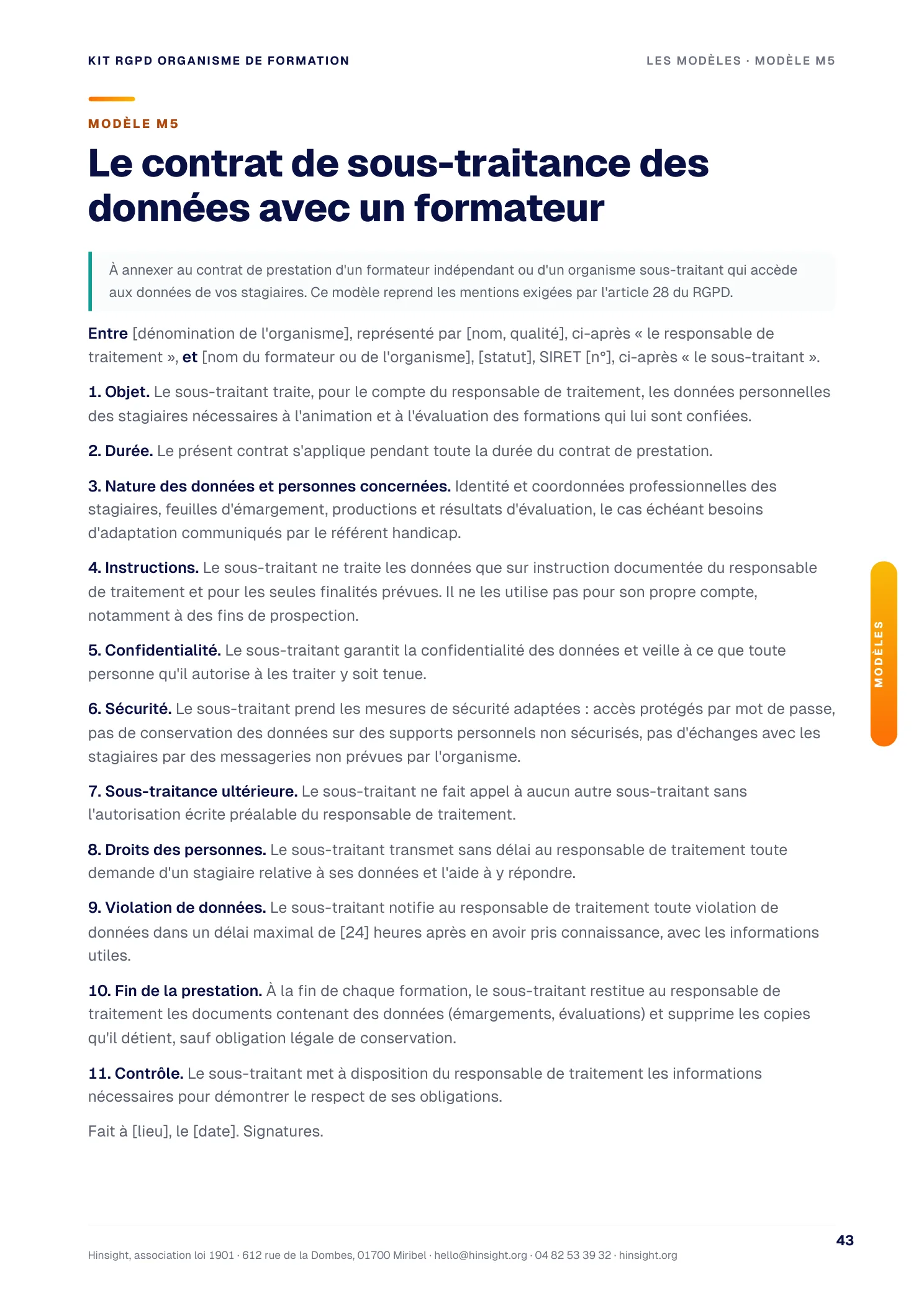 Le modèle M5 : contrat de sous-traitance avec un formateur