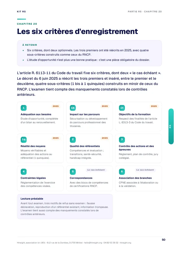 Les six critères d'enregistrement