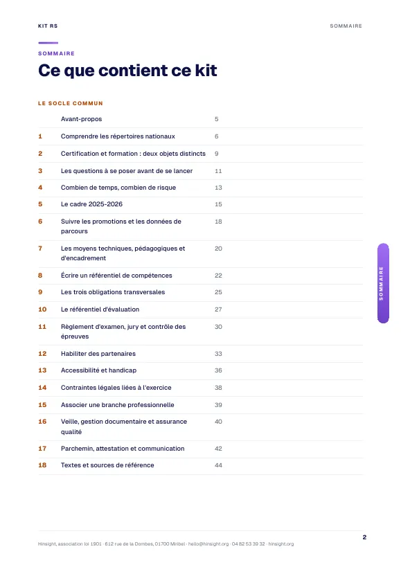 Le sommaire : socle commun et partie RS