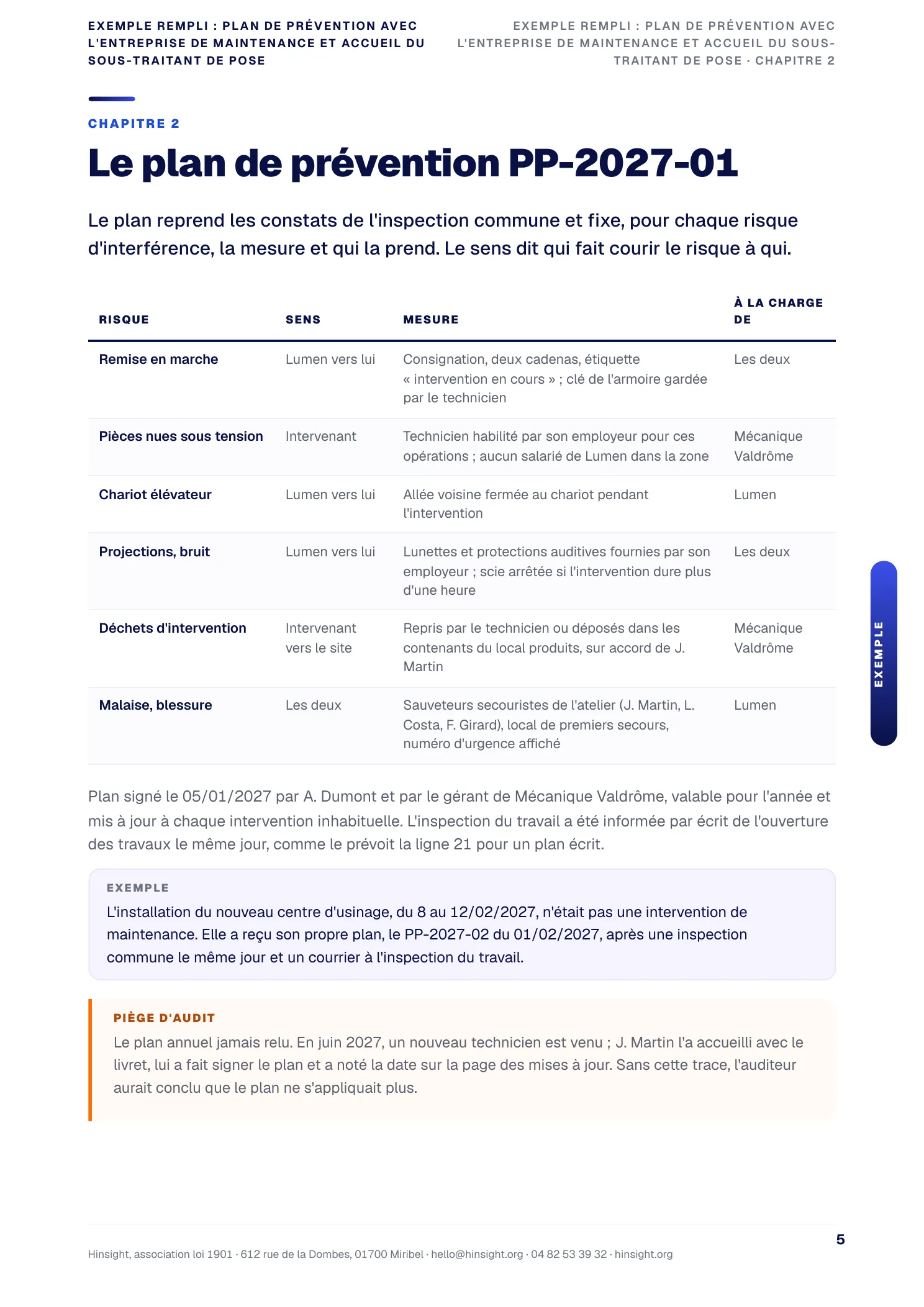 Exemple rempli : un plan de prévention avec une entreprise de maintenance
