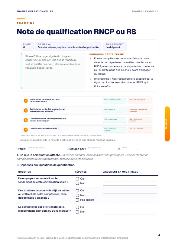 La trame B1 : note de qualification