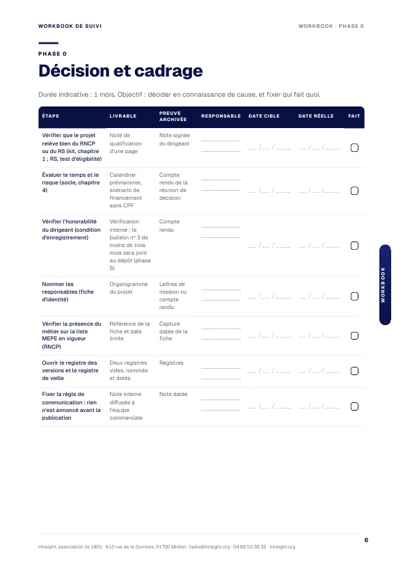 Le workbook : une phase, ses étapes, ses preuves